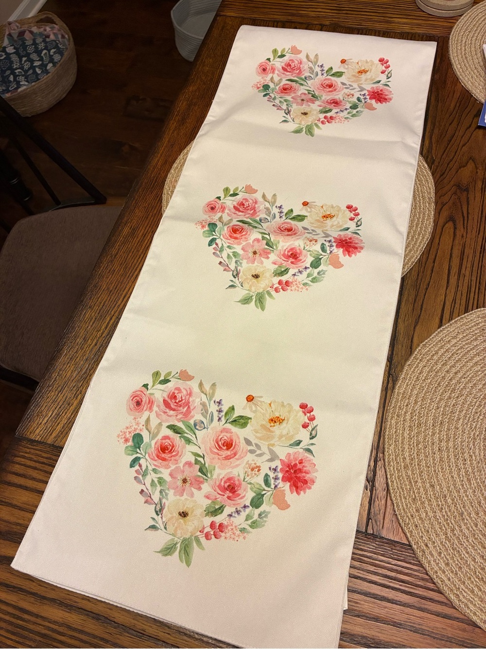 Hobby Lobby Cream Table Runner with Pink Floral Heart Motifs NWOT!